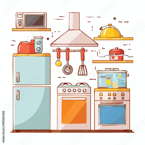 Compact kitchen illustration with refrigerator stoves microwave flat design kitchen furniture meal prep kitchen appliances interior design domestic life food preparation cooking space