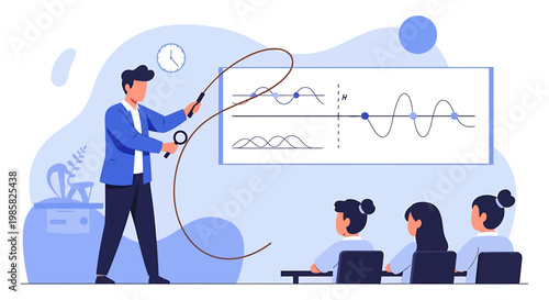 Illustration of a man teaching a class about graphs and charts.