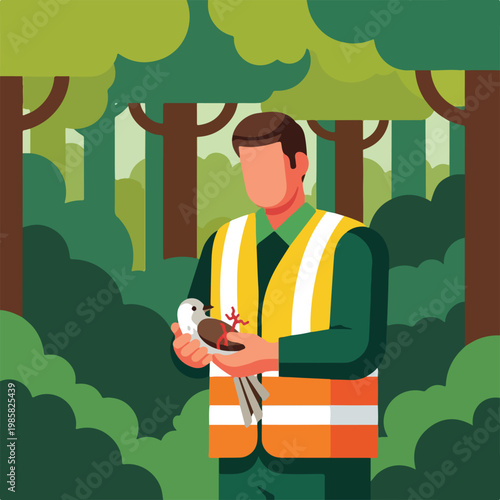 A park ranger in a high-visibility vest gently holds an injured small wild bird