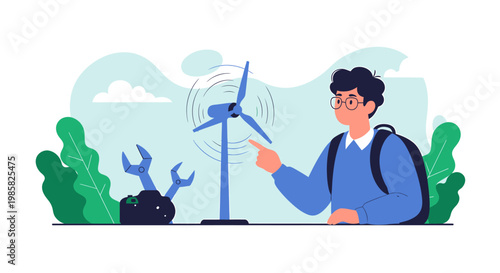 Illustration of a Man Pointing to a Wind Turbine.