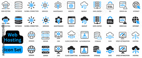 Web Hosting icon set. Web hosting set of web icons. Hosting and cloud computing icons for web and mobile app. Containing web space, data exchange, domain, cloud, website, server, traffic 
