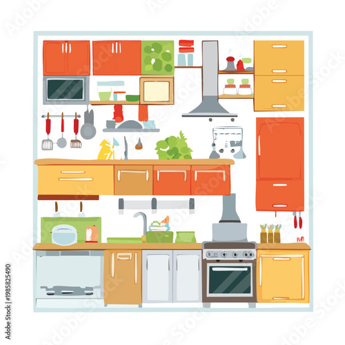 Comprehensive kitchen arrangement with appliances and fixtures kitchen equipment kitchen design kitchen illustration kitchen vector kitchen furniture food preparation organized kitchen