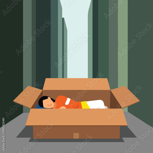 A flat illustration of a person sleeping inside a cardboard box in a city alley