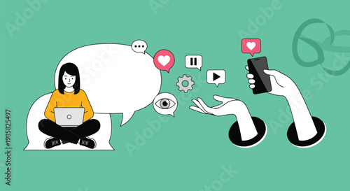 Woman using laptop and hands holding phone, with vibrant speech bubbles and social media icons on a green background, concept for online communication, social networking and digital collaboration.