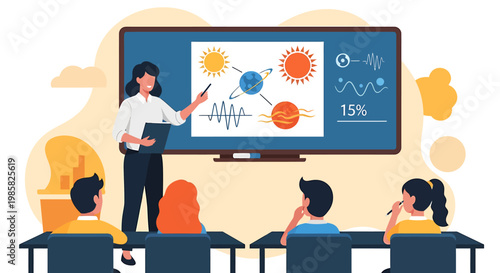 Illustration of a teacher explaining a scientific concept to students.