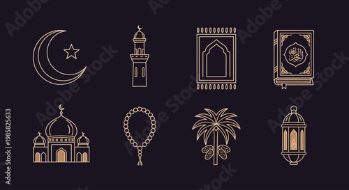 Ramadan icons, moon, mosque, prayer rug, Quran, palm tree and lantern