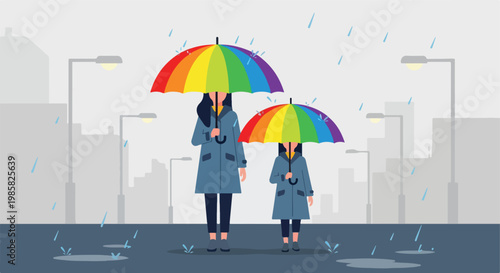 A woman and a child with rainbow umbrellas walking in the rain in the city