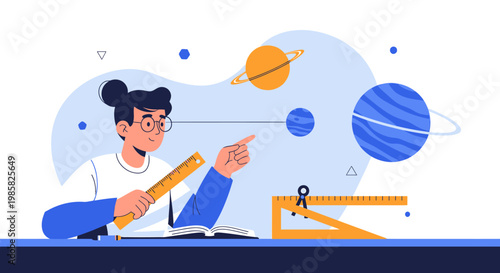 Illustration of a student studying planets with rulers and books.