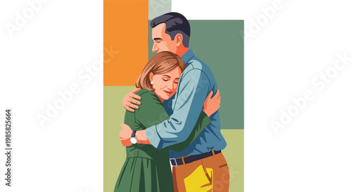 An adult man and woman in professional attire share a warm and comforting embrace