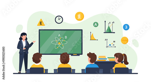 Illustration of a teacher giving a science lesson to students.