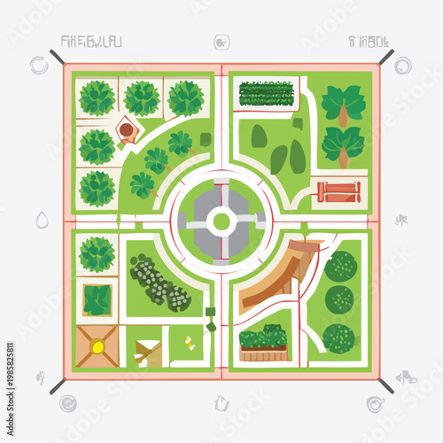 Bird's eye view of a meticulously planned park with diverse greenery pathways seating architectural elements park plan landscape design ornamental plants landscape architecture site plan