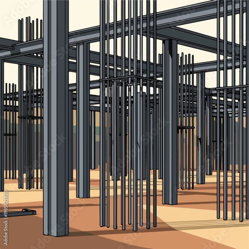 A structural framework of gray steel beams and columns on a brown sandy site
