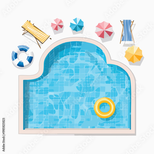 Top down view of curved swimming pool with inflatable ring life buoy beach chairs sun umbrellas for summer vacation vector illustration flat lay vacation relaxation recreation poolside backyard
