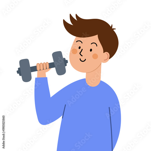 Man with dumbbell isolated on white background. Young person exercising with dumbbell. Fitness workout and healthy lifestyle vector illustration