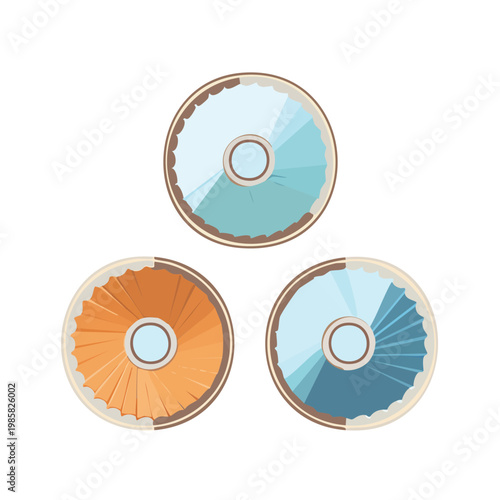 Set of three circular segmented color gradient design elements with central ring vector pie chart white background light blue dark blue circular segmented gradient abstract background