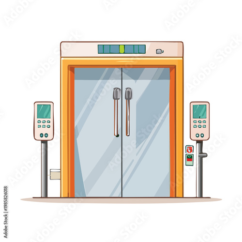 Modern glass elevator entrance with control panels and display screen in a building lobby vector illustration control panel shopping mall white background elevator entrance building transport