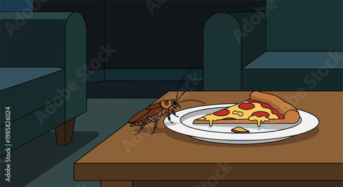A cockroach stands on a coffee table next to a slice of pepperoni pizza on a dish