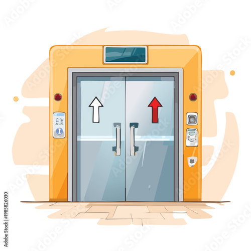 Vector cartoon illustration of a modern yellow elevator entrance with glass doors direction arrows control panels up arrow red arrow white background qr code call button elevator