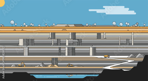 A stylized vector cross-section of a deep open-pit mine with heavy machinery