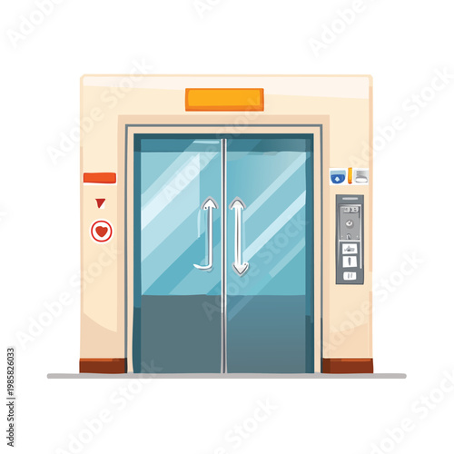 Cartoon style vector illustration of an elevator entrance with glass doors and control panel in beige tones white background up arrow down arrow call button user interface elevator entrance
