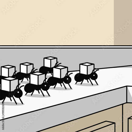 Stylized cartoon ants marching in a line and carrying white cubes on their backs