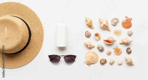 Summer vacation, beach accessories, hat, sunglasses, seashells, sunscreen
