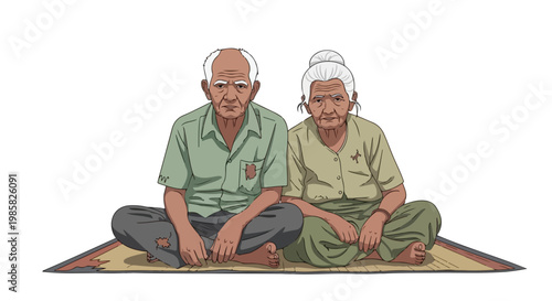 An elderly couple with worn clothes sits together on a mat against white