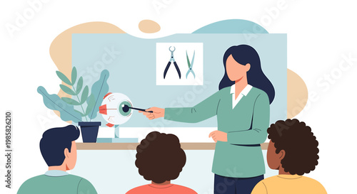 Medical Professional Explaining Eye Anatomy to Students in Classroom.