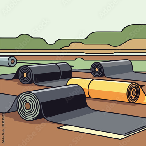 Rolls of black and yellow construction membrane lay on a flat earthy landscape