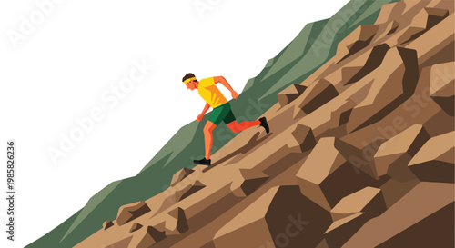 A runner in yellow shirt and green shorts climbing up a steep, rocky mountain