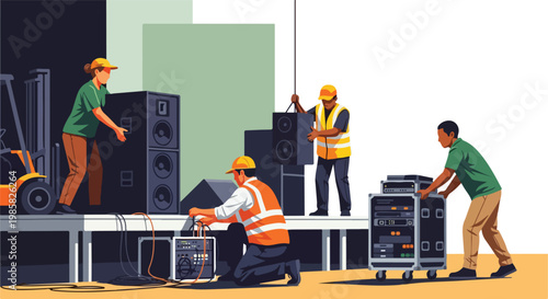 Stage crew members setting up heavy audio equipment and speakers for an event