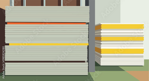 Flat layers of light-colored construction materials stacked in an industrial area