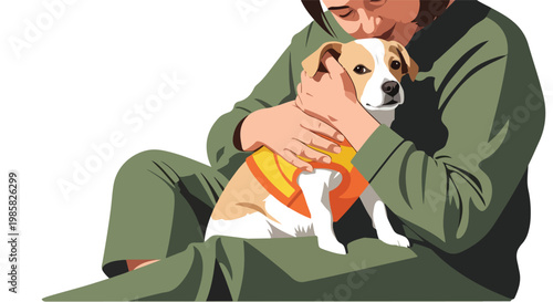 A person wearing a green outfit sits while affectionately hugging a pet dog