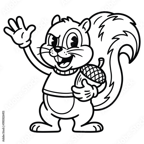 Cute cartoon squirrel waving hand holding acorn for forest woodland elements and design.
