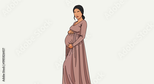 A pregnant woman in a long brown dress posing against a plain light background