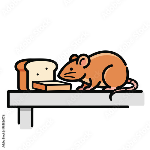 A cute brown mouse sitting on a shelf next to a slice of fresh white bread