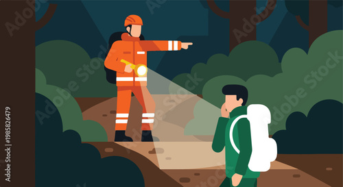 Rescuer with flashlight guides a lost hiker through a dark forest at night