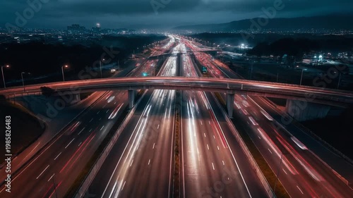 Cinematic aerial drone footage of multi-lane highway at night, smooth flowing vehicle light trails