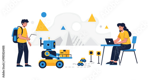 Modern Robot Delivering Goods to People in a City.