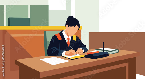 A judge sitting at a courtroom desk and writing in a document with a pen