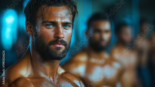 Closeup portrait of a highly muscular, sweating man with striking blue eyes in a gym.
