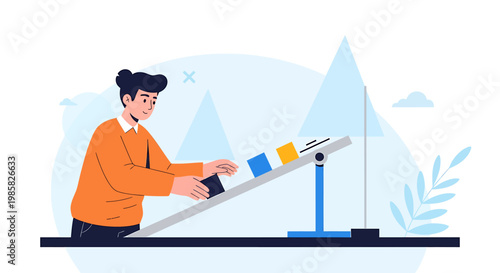 Person Demonstrating Physics with Blocks on Inclined Plane.