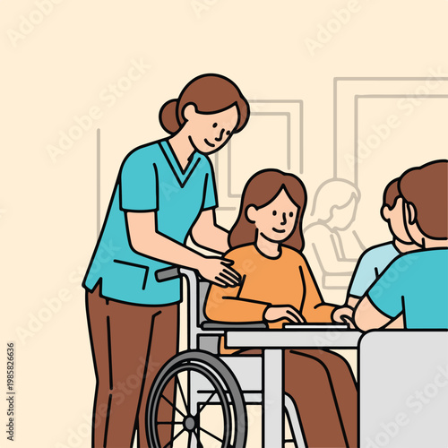A caregiver in scrubs assists a woman in a wheelchair at a table with others