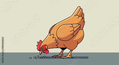 A brown hen standing on a gray surface while eating small seeds from the ground