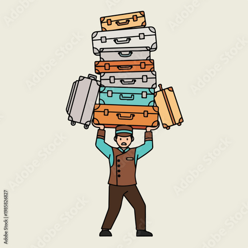 A bellhop strains to lift a heavy, precarious stack of colorful travel luggage