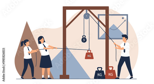 Physics experiment with pulley system and weights being demonstrated by students.