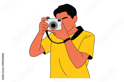 Man taking photo with digital camera wearing yellow shirt and black strap isolated on transparent background flat vector style