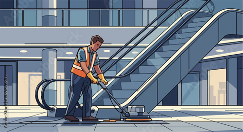 A worker wearing a safety vest operates a floor polishing machine inside a mall