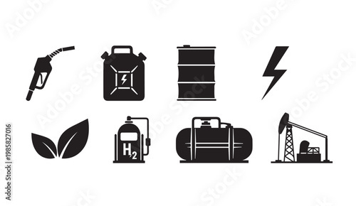 Energy industry icons with fuel pump jerrycan barrel lightning bolt leaves hydrogen tank storage tank and oil rig