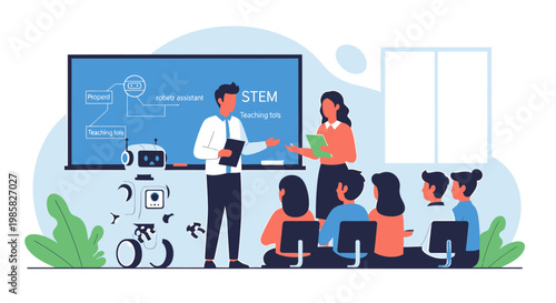 Robotics STEM Education - Students Learning with a Robot in Classroom.